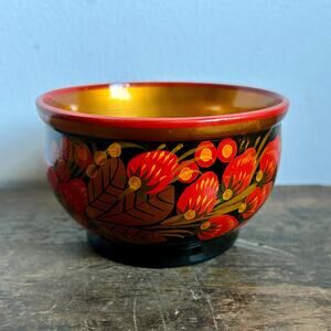 Vintage Russian Khokhloma Folk Art Painted Wooden Bowl | Catchall Trinket Dish